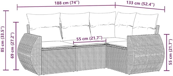 Owox 4-Piece Modular Rattan Garden Sofa Set, Black/Cream/White, 24.4"x28"x27.2", Hidden Storage, Balcony/Porch/Deck