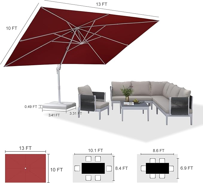 PURPLE LEAF 10' × 13' Patio Umbrella With Base White Cantilever Umbrella Square Outdoor Offset Umbrella Windproof with 360° Rotation for Garden Deck Pool, Ruby Red
