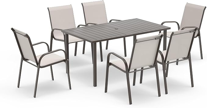 Outdoor Dining Set for 6, Patio Dining Set with Textilene Dining Chairs, Metal Dining Table with Umbrella Hole, Stackable Outdoor Chairs for Garden, Patio, Poolside and Backyard, Grey