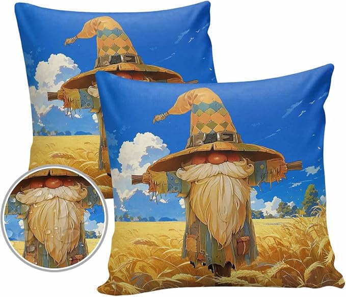 Outdoor Waterproof Throw Pillow Covers 24x24in, Fall Gnome Scarecrow Cushions for Garden Patio Furniture Chairs Set of 2, Blue Sky Wheat Field Home Decor Couch Sofa Polyester Pillow Cases