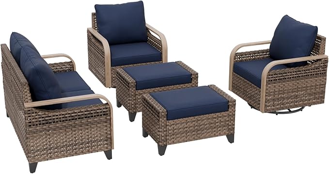 COOS BAY Modern Wicker Outdoor Furniture Set, 5 Piece Patio Conversation Set with 2 Swivel Rockers, a 3 Seat Couch and 2 Ottomans, 5 Piece, Brown/Blue