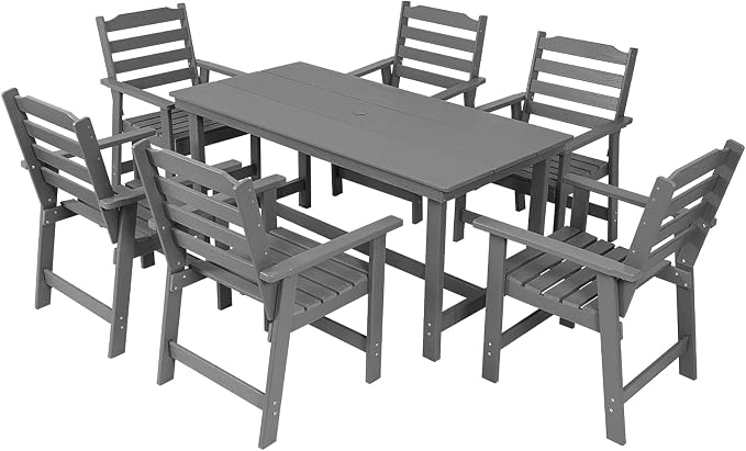 FUNBERRY Outdoor Dining Set, HDPE 7 Piece Dining Table Set with Chairs | 2" Umbrella Hole Table, Wood-Grain, HDPE All Weather, No Rot or Rust or Crack, UV Fade Shield, Easy-Clean for Outside