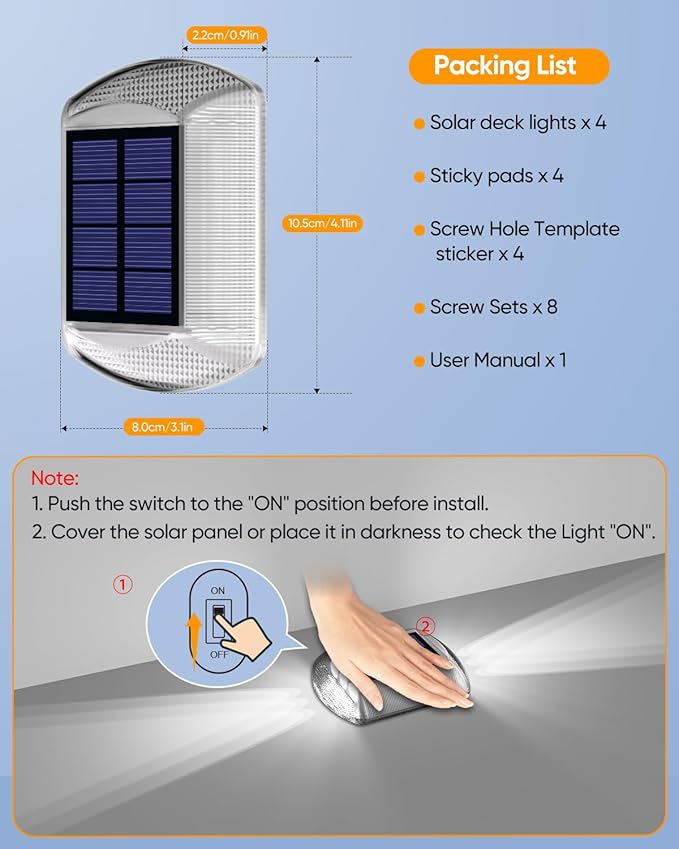 DetarZinLED Solar Driveway Lights Outdoor IP68 Waterproof Led 4 Pack White | Sturdy PC Shell, Stick on & Screw Mount, Markers Light for Outside Deck, Driveway, Step, Walkway, Patio, Pathway, Stair, pool