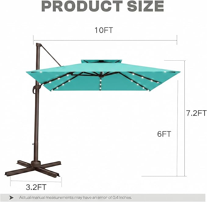 10FT Cantilever Patio Umbrella with Solar Lights, Large Outdoor 2 Tier Aluminum Offset Square Umbrellas 360 Degree Rotation for Garden Deck Pool