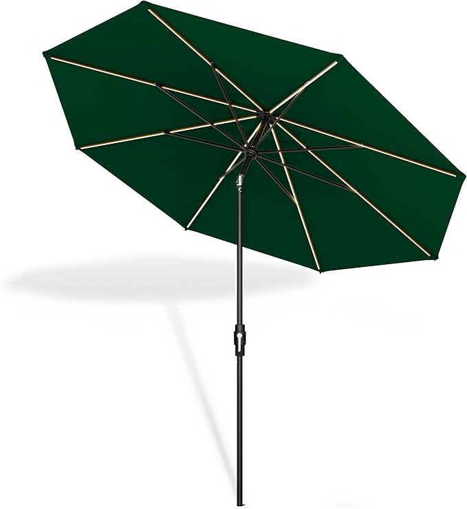 Midtown Umbrellas Led Swilt Sunbrella Umbrella, 8 Foot Patio Umbrella In Sunbrella Forest Green Acrylic Fabric - Deck Patio Umbrella, Backyard Umbrella, Garden Umbrella & Pool Umbrella - Black Pole