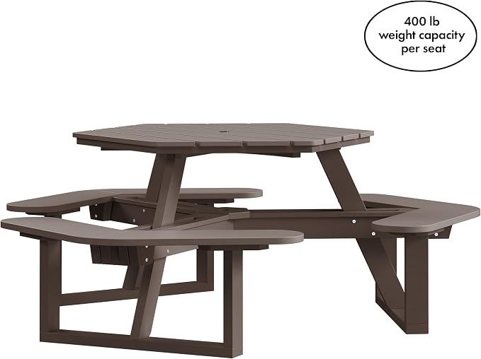 Shoreline Made in USA Hexagon Picnic Table, Seating for 6, Mangrove Brown