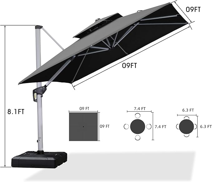 PURPLE LEAF 9 FT Cantilever Patio Umbrellas with Base Included, Large Square Offset Umbrella with 360° Rotation, Outdoor Aluminum Pool Umbrella for Pool Lawn Garden, Grey
