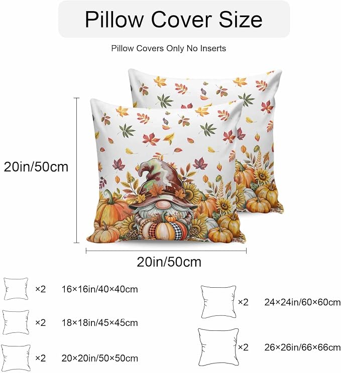 Fall Gnomes Outdoor Waterproof Pillow Covers, Thanksgiving Pumpkins Leaf Sunflowers Farm Decorative Square Throw Pillowcase Sofa Cushion Sham for Patio/Couch/Chair, 16"x16" 2 Pack