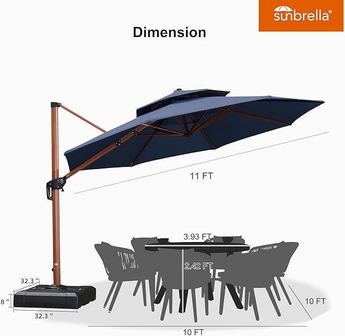 PURPLE LEAF 11 Feet Wood Pattern Round Patio Umbrella With Base Double Top Deluxe Umbrellas Cantilever Outdoor Umbrella Garden Umbrellas Deck Pool Umbrella, Spectrum Indigo