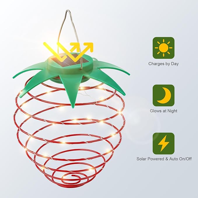 Solar Lights Outdoor, 2-Pack Decorative Strawberry Solar Garden Lights, Waterproof Outdoor Solar Lights for Patio Decor, Yard & Landscape, 20 LED Creative Hanging Fruit Lanterns for Garden Decor