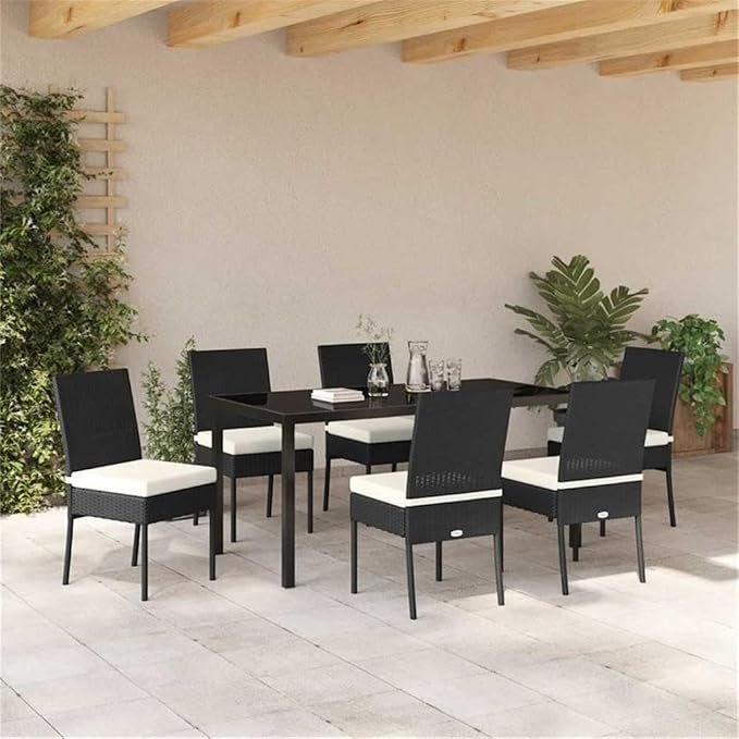 Afuera Living 7 Piece Poly Rattan Garden Dining Set, Black Finish, Powder-Coated Steel Frame, UV-Resistant, Removable Cushions, Modern Outdoor Patio Furniture for Garden or Backyard Dining