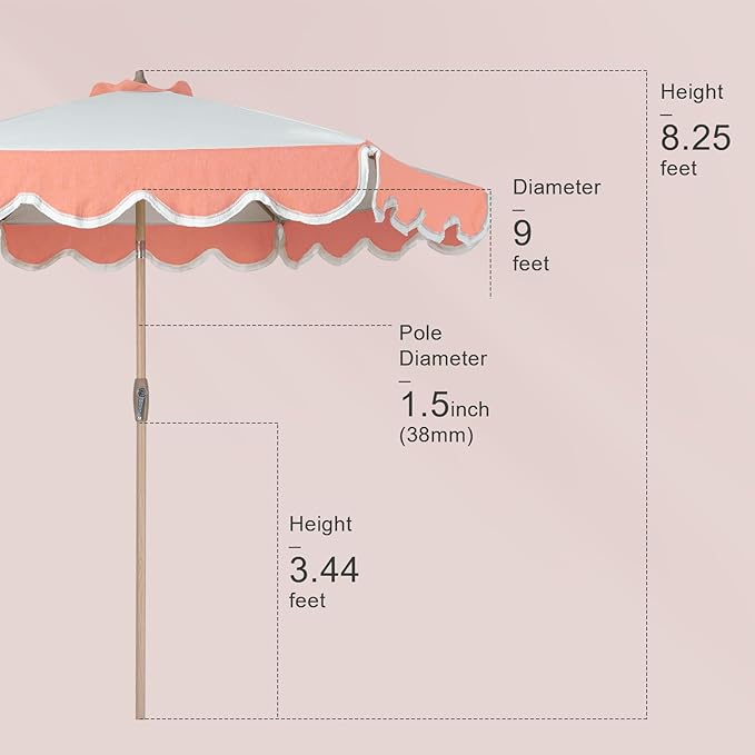 Tempera 9ft Scalloped Patio Umbrellas with Fringe, Market Umbrellas with Water-Resistant and Fade Resistant Canopy, 1.5" Wood Pole & Button Tilt,Beige Spliced Coral Red