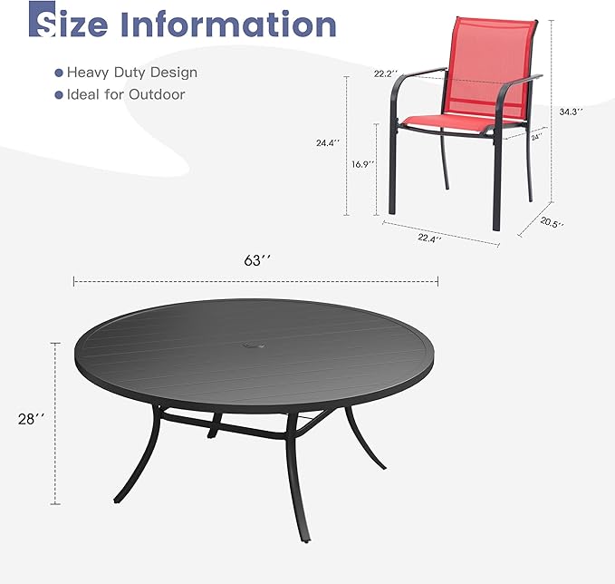 VICLLAX Round Outdoor Dining Set, Patio Table and Chairs Set Set of 10 Patio Stackable Chairs and 63" Outdoor Round Table with Umbrella Hole for Backyard Lawn Garden, Red Chairs and Black Table