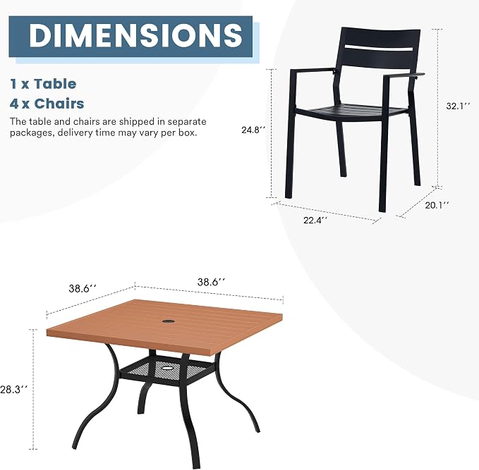 DIFY 5 Pieces Outdoor Patio Dining Set for 4, 38.6" Walnut Square Patio Dining Table with Umbrella Hole and 4 Black Metal Stackable Patio Dining Chairs for Backyard Garden Lawn