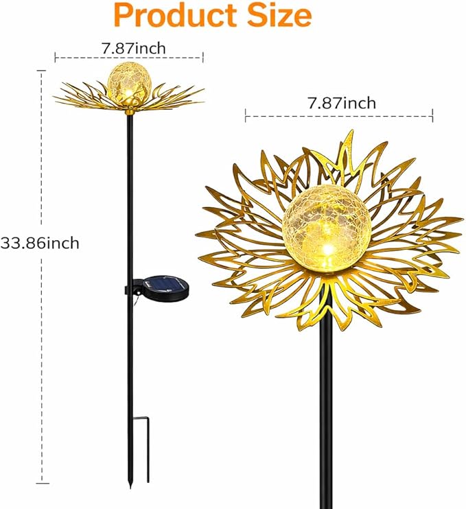 Solar Garden Lights Outdoor Decor, Metal Flower Stake Light with Warm White Crackle Glass Globe, Waterproof Decorative Solar Yard Art for Patio Lawn Backyard Pathway, Gardening Gift(Gold)