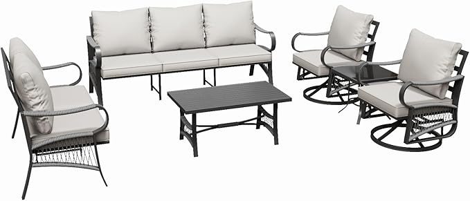 6 Piece Patio Furniture Set, 2 Single Swivel Chairs, Rope Braided Exposed with Thick Cushions, Outdoor All Weather Patio Conversation Sectional Sofa Set for Garden, Porch, Lawn, Beige