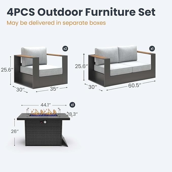 Aluminum Patio Furniture Set, 4 Seats Luxury Seating Furniture with 44" Fire Pit Table, All Weather Outdoor Conversation Sets with 6" Thickened Cushions