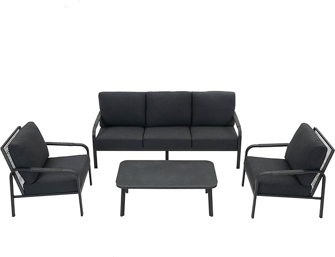 4-Piece Aluminum Outdoor Sofa Set with Coffee Table – 3-Seat Sofa and Rattan-Style Backrests, Perfect for Patio, Balcony, Garden (Grey)