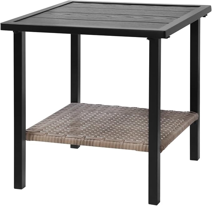 EAGLE PEAK Mojave Dusk Patio Side Table with Wood Grain Top and Wicker Shelf, Durable Weather-Resistant Outdoor Table for Balcony, Porch, Deck, or Garden, Small