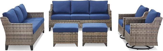 Outdoor Patio Furniture Set-6 Piece High Back Outdoor Furniture Set Sectional Sofa with Wicker Swivel Rocker Patio Chairs,Thick Cushions Ottomans for Porch Balcony Patio Deck Grey/Blue