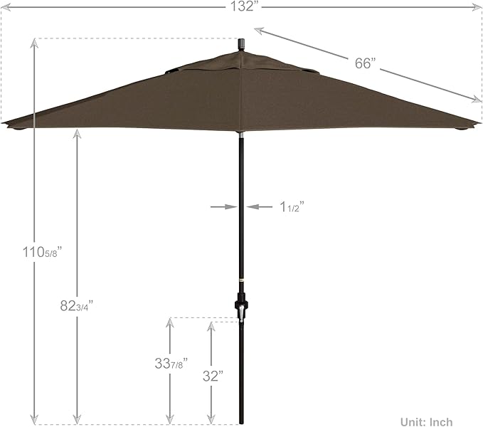 California Umbrella 11Ft Premium Sunbrella Patio Umbrella, Hand-Crank, Tilt-Collar, Bronze Frame, Taupe Fabric
