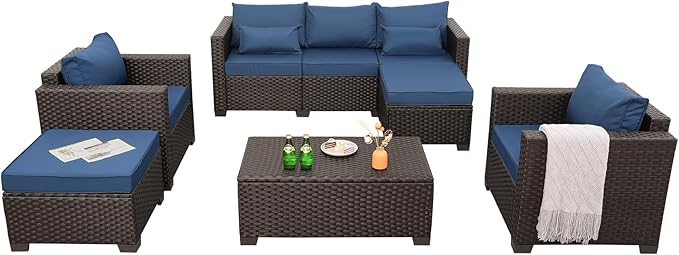 6 Pieces Patio Outdoor Furniture Conversation Sets Patio Wicker Sofa Set with Outdoor Couch Patio Chairs and Storage Table Non-Slip Cushions Waterproof Covers, Navy Blue