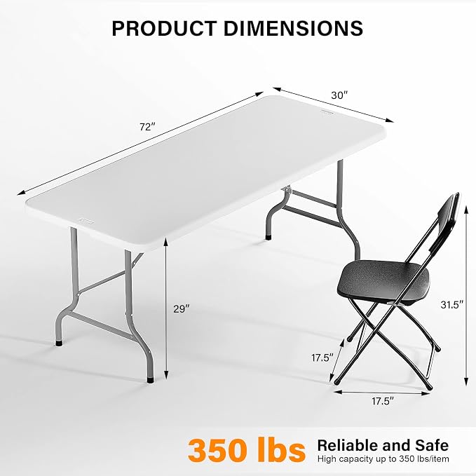 VINGLI 6 FT Plastic Folding Table Set with 6 Black Folding Chairs for Picnic, Event, Training, Outdoor Activities, at Home and Commercial Use