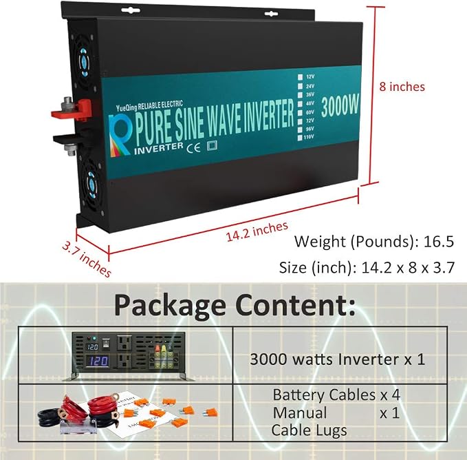 WZRELB 3000W 12V Pure Sine Wave Solar Power Inverter DC AC Converter (RBP300012W)