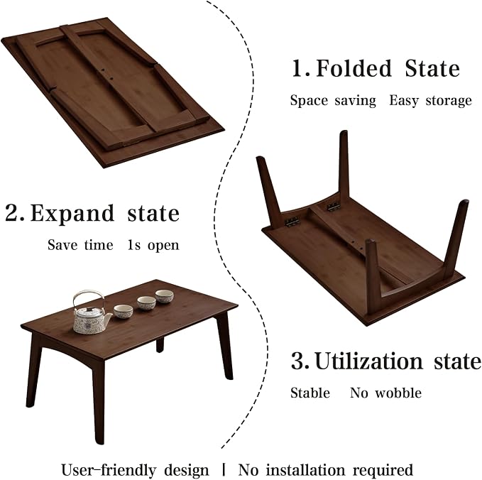 JIKUGO Bamboo Folding Coffee Table No Assembly Required Japanese Floor Table for Bedroom Living Room, Walnut, 26 x 15.8 x 11.8 Inches