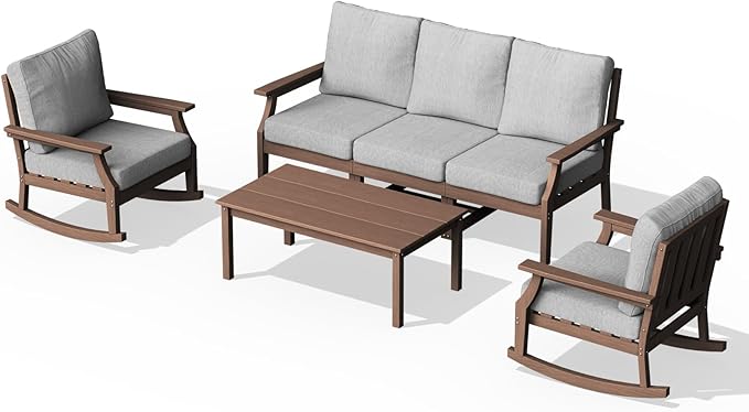HDPE Patio Conversation Set, 6-Piece All Weather Outdoor Furniture Set with 2 Single Rocking Armchairs for Deck, Lawn, with Cushion, Brown