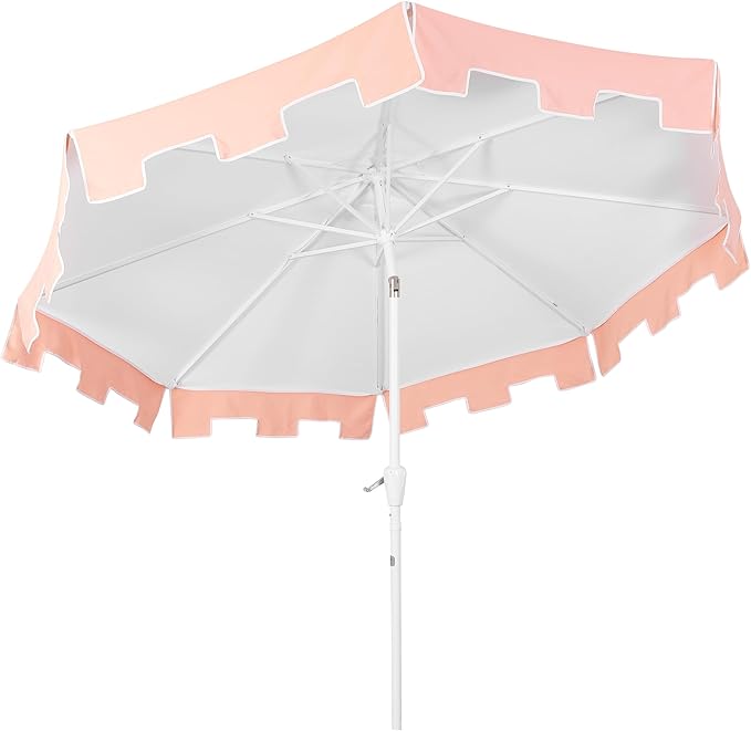 JONATHAN Y Baiona 9 ft. White/Coral Pink Outdoor Patio Umbrella with Crank Lift and Tilt, 8 Ribs UV-Resistant Market Table Umbrella with Square Trim for Pool, Deck, Coastal, White Pole UMB1000C