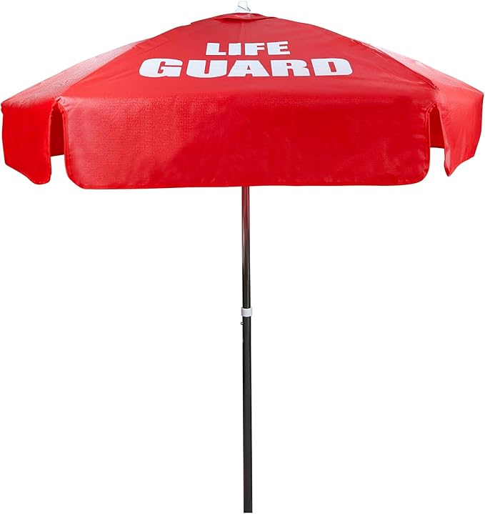 Kemp USA Heavy Duty Vinyl Lifeguard Umbrella - Great for Patio, Beach & Pool Umbrella with 45° Tilt Mechanism - Portable for Lifeguard Chair - with LIFE GUARD Logo