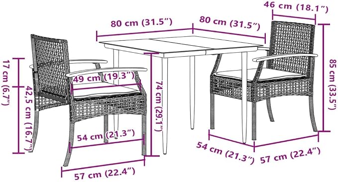 3 Piece Patio Dining Set with Cushions Gray Poly Rattan Outdoor Seating Table and Chairs for Garden Backyard, PE Rattan Steel Frame Tempered Glass Top, Weatherproof UV-Proof, Max 242.5 lb per Seat