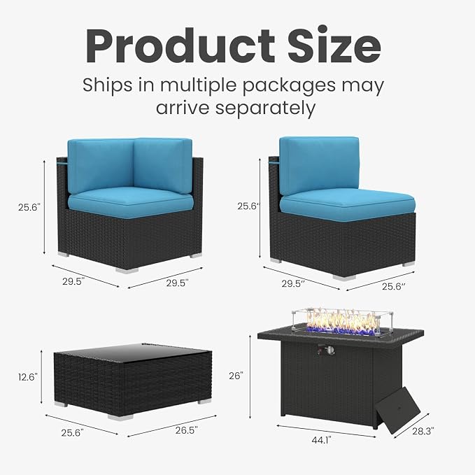 15 Pieces Patio Furniture Set with 44" Propane Gas Fire Pit Table, Outdoor Sectional Wicker Conversation Sofa Sets with Coffee Table