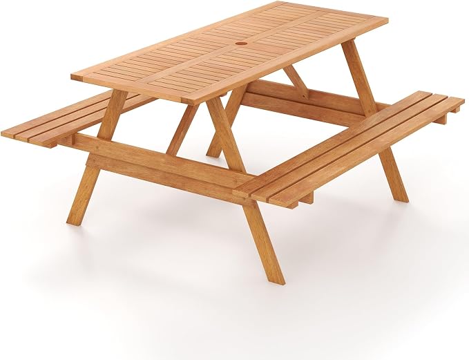 Tangkula Picnic Table with 2 Benches, Outdoor Wood Picnic Table Bench Set with 2-Inch Umbrella Hole, Slatted Tabletop & Seat, Outside Table and Bench Set for Garden, Backyard, Porch, Patio