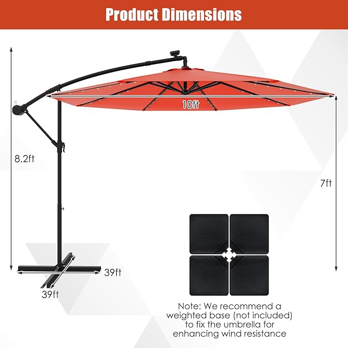 Tangkula 10 Ft Patio Offset Umbrella, 40 LED Lighted Market Umbrella W/8 Sturdy Ribs, Easy Tilt Adjustment & Crank, Polyester Shade, Ideal for Backyard, Garden, Seaside, Store, Pool (Orange)