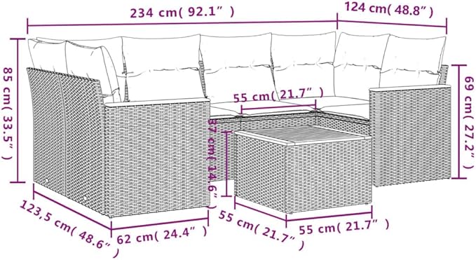vidaXL Patio Sofa Set with Cushions 7 Piece, Outdoor Conversation Set, Patio Sectional Sofa for Balcony Garden, Modern Style, Gray Poly Rattan