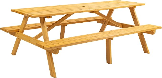 KEIKI 8-Person Wooden Picnic Table, Outdoor Camping Dining Table with 2 Built-in Benches, Patio Table with Umbrella Hole for Backyard, Garden, Camping, 2220lb Capacity, Natural