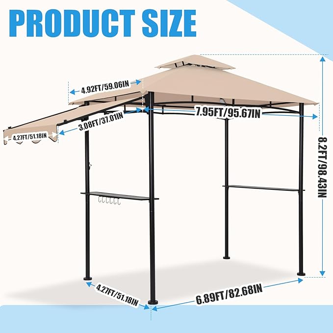 FAB BASED 5x8 Grill Gazebo with Extra Awning, All-Weather Steel Construction, Double Tiered & Resistant Canopy Roof, Metal Serving Shelves, 2 LED, Bottle Opener for Patio, Backyard, BBQ (Khaki)