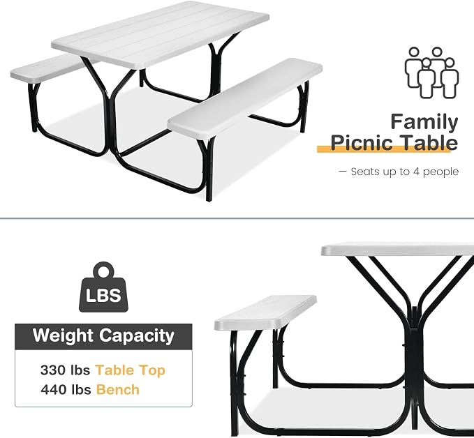 COSTWAY Outdoor Picnic Table, HDPE Plastic Picnic Table Bench Set with Weather Resistant Tabletop & Wood Texture, Ideal for Patio, Backyard (59" D x 54" W x 28.5" H,White)