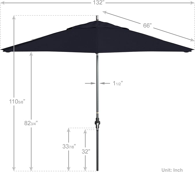 California Umbrella 11Ft Premium Sunbrella Patio Umbrella, Hand-Crank, Tilt-Collar, Gray Frame, Navy Fabric