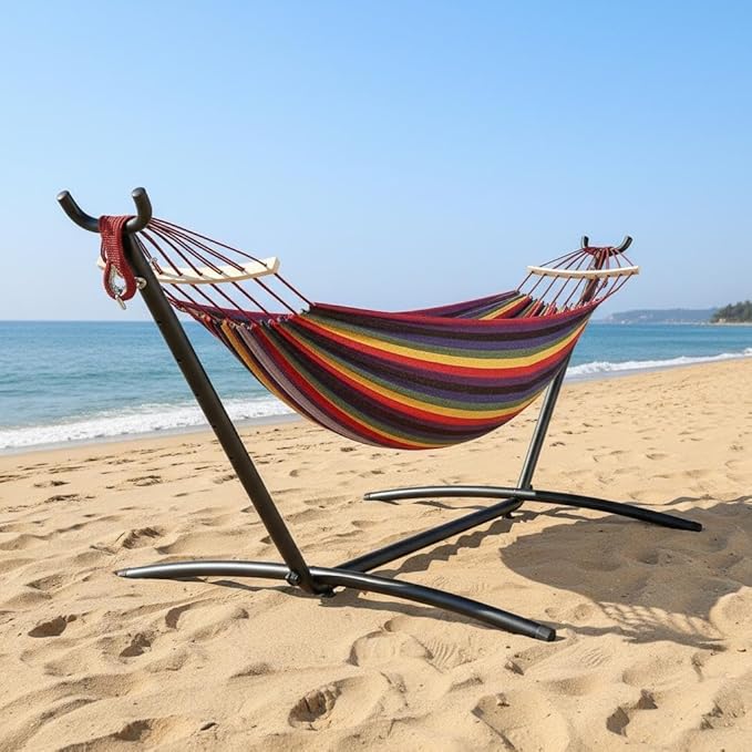 Double Hammock with Space-Saving Steel Stand - 2 Person Portable Heavy Duty Hammock with Carrying Bag for Outdoors & Indoors, Easy Assembly, 350 lbs Capacity, Black Rainbow Stripes