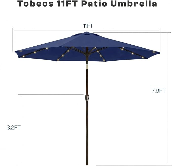 11FT Solar Lighted Patio Umbrella, Outdoor Table Market Umbrellas with Crank Lift, 32 LED Lights, 8 Sturdy Ribs, UV-Resistant for Deck, Garden, Pool