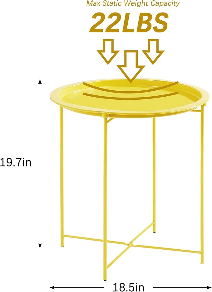 VECELO Side/End Table, Folding Round Metal Anti-Rust and Waterproof Outdoor or Indoor Tray for Living Room Bedroom Balcony and Office, 2 PCS, Yellow