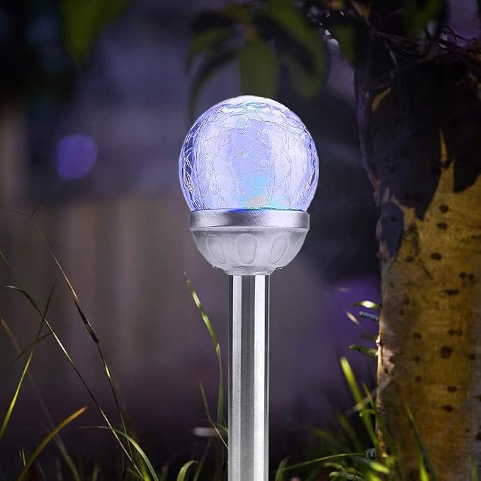 2Pcs Solar Powered Outdoor Lights, Crackle Round Ball LED Garden Lamps for Courtyards, Yards, Patios, and Walkways, Stake Lights for Decorative Landscape Lighting