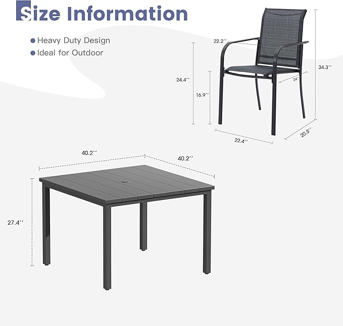 VICLLAX 5 Pieces Patio Dining Set, Patio Furniture Set of 4 Patio Stackable Chairs and Outdoor Metal Square Table with Umbrella Hole for Backyard Lawn Garden, Dark Grey Chairs and Dark Grey Table