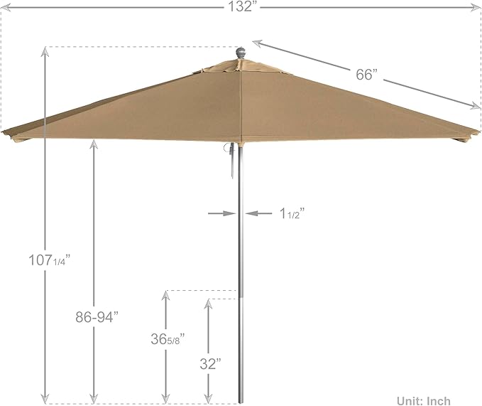 California Umbrella 11Ft Commercial Grade Sunbrella Fabric Market Umbrella, Pulley Lift, Aluminum/Fiberglass, 2mm pole wall, Silver Frame, Beige Fabric