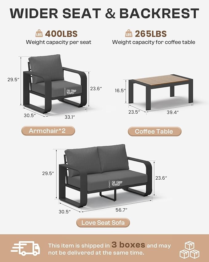 Aluminum Outdoor Patio Furniture Set, 4 Piece Oversized Patio Conversation Sets Widened Armrest & Ultra-Thick Cushions, Heavy Duty Modern Sectional Furniture for Backyard, Deck, Graphite