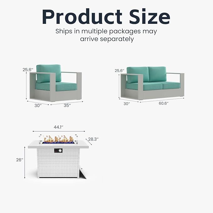 4 Pieces Patio Furniture Set with Fire Pit Table, Metal Modern Conversation Set with Deep Seating and Widened Aluminum Frame for Deck, Porch, Garden