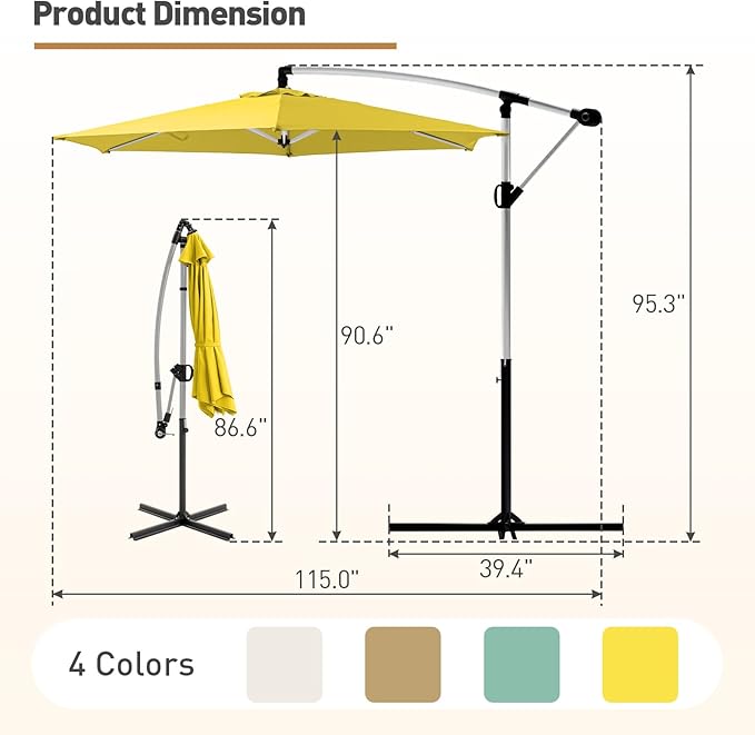 COSIEST Offset Patio Umbrella, Cantilever Hanging Outdoor Umbrella w/360-degree Rotation, Handy Crank, UV/Waterproof Canopy, 6 Ribs for Market, Backyard, Poolside, Garden